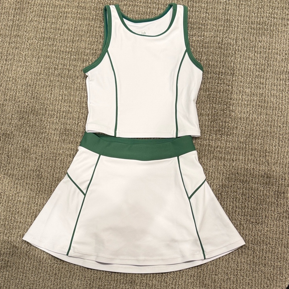 Girls White and Green Tennis and Golf Tank and Skirt Set
